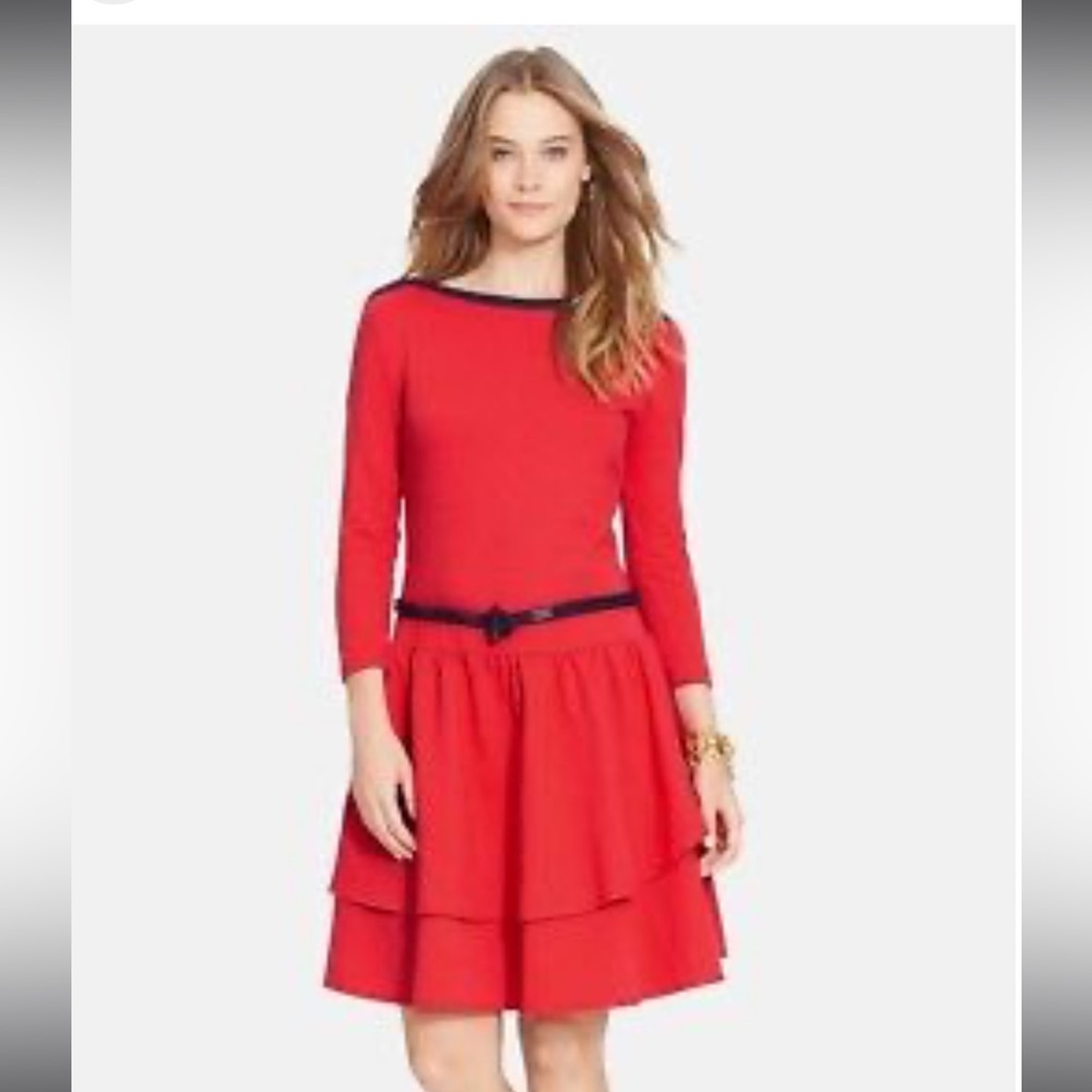 LRL Lauren Jeans Co. Belted Red Cotton Knit Dress Boat neckline and ruffles Sz M